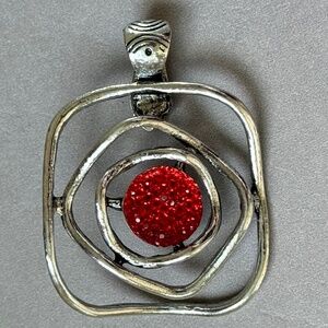 Pendant Abstract Red Rhinestone Center Magnetic Bail Silver Metal